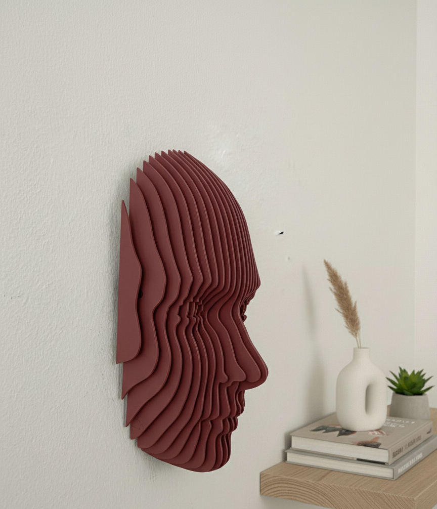 Parametrik Ahşap Yüz Duvar Dekoru – 3D Katmanlı Geometrik | Modern El Yapımı Duvar Sanatı