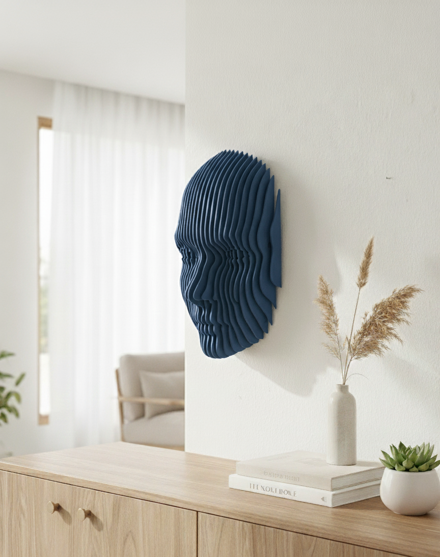 Parametrik Ahşap Yüz Duvar Dekoru – 3D Katmanlı Geometrik | Modern El Yapımı Duvar Sanatı