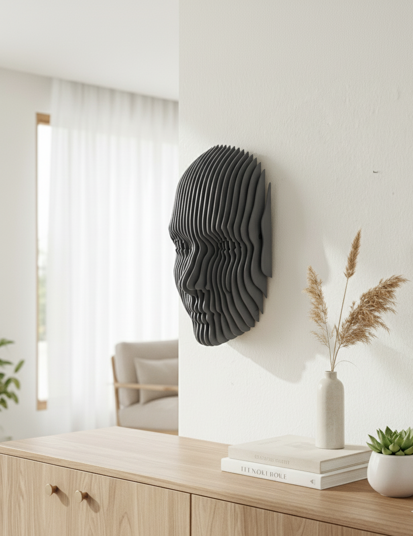 Parametrik Ahşap Yüz Duvar Dekoru – 3D Katmanlı Geometrik | Modern El Yapımı Duvar Sanatı