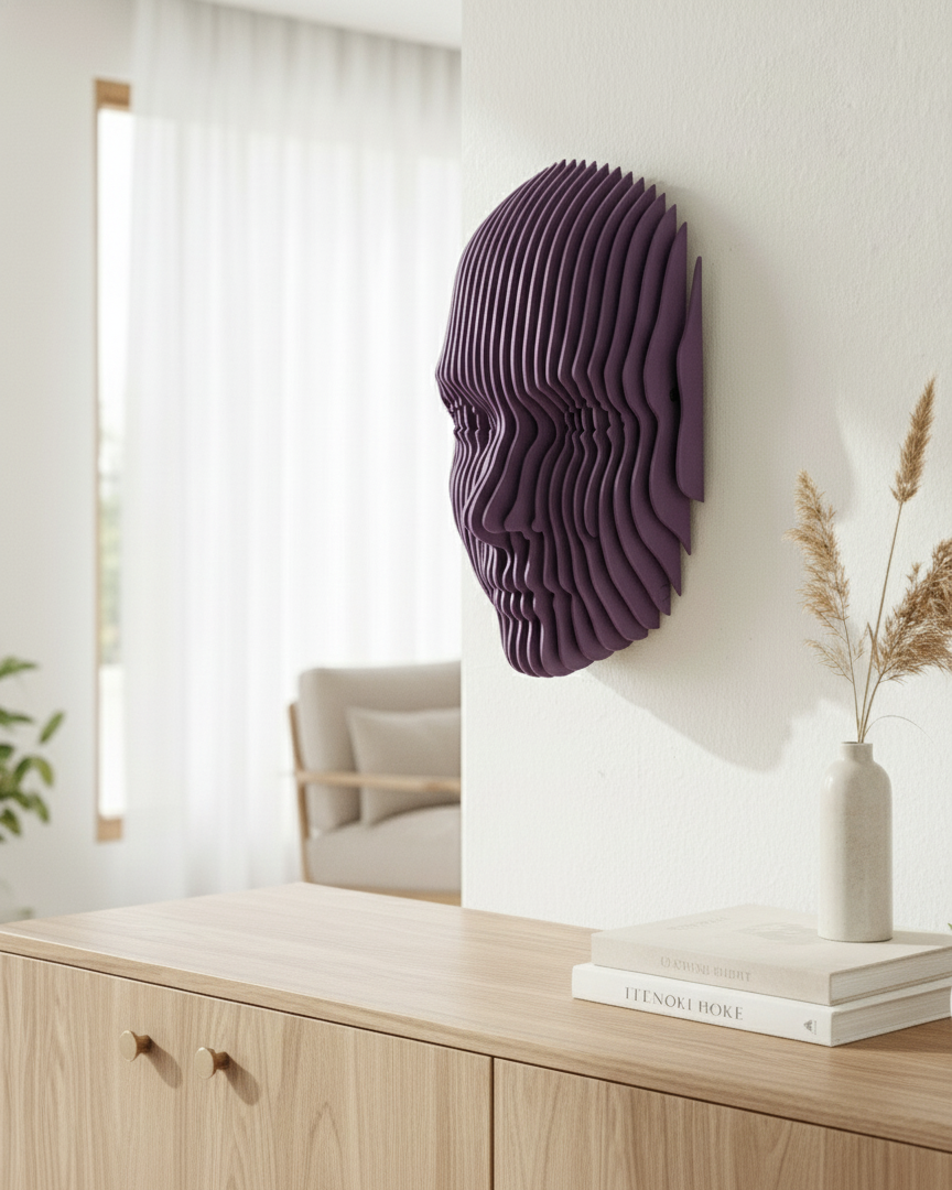 Parametrik Ahşap Yüz Duvar Dekoru – 3D Katmanlı Geometrik | Modern El Yapımı Duvar Sanatı