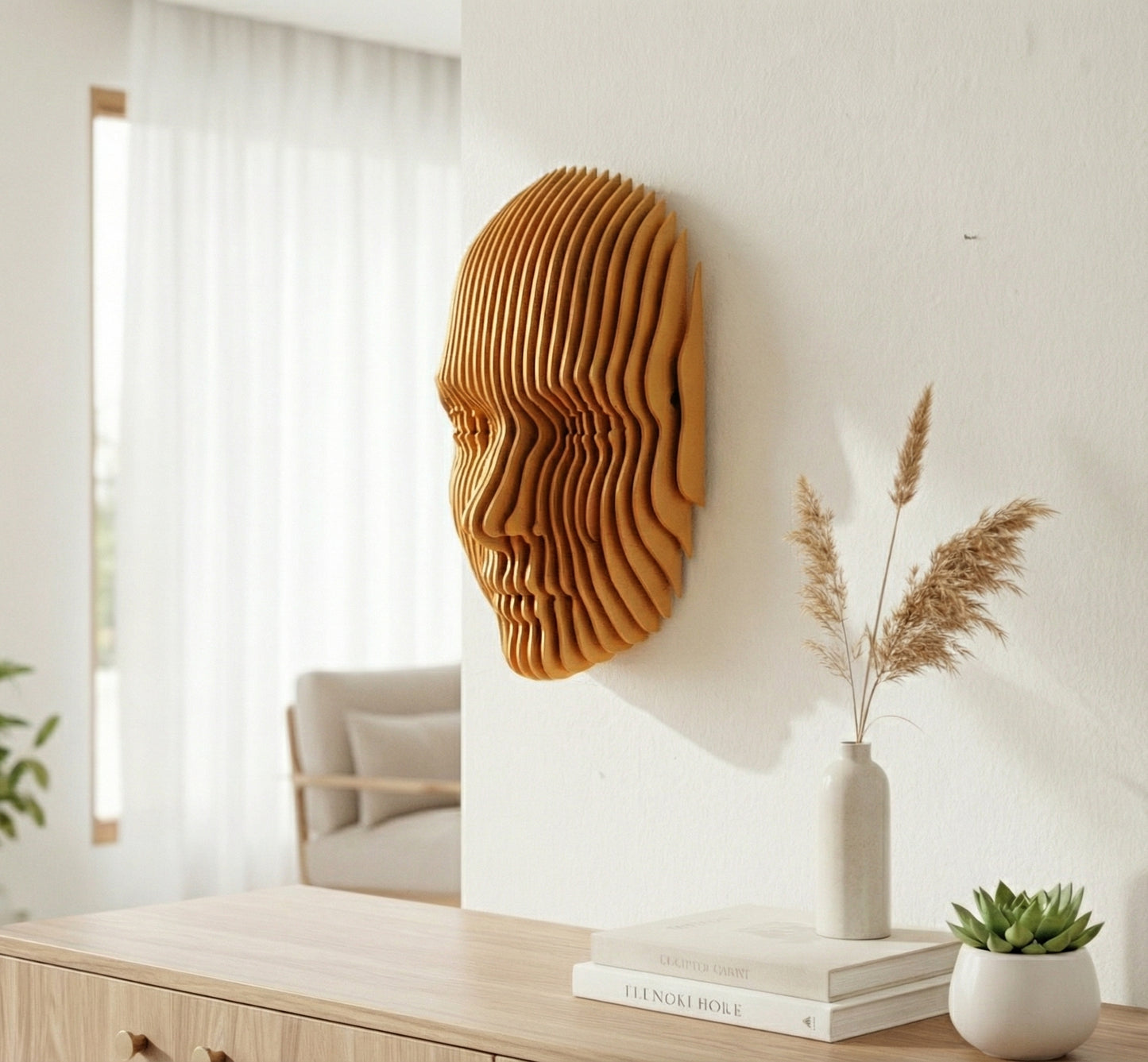 Parametrik Ahşap Yüz Duvar Dekoru – 3D Katmanlı Geometrik | Modern El Yapımı Duvar Sanatı