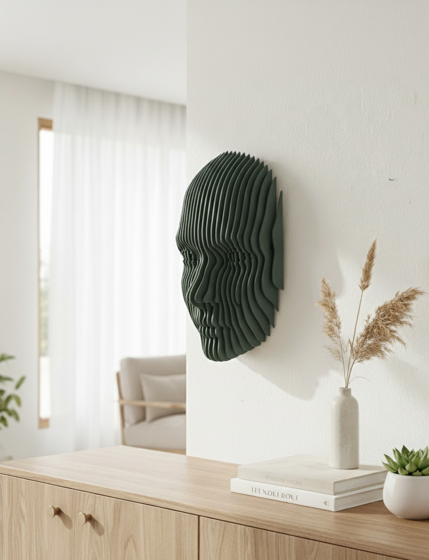 Parametrik Ahşap Yüz Duvar Dekoru – 3D Katmanlı Geometrik | Modern El Yapımı Duvar Sanatı