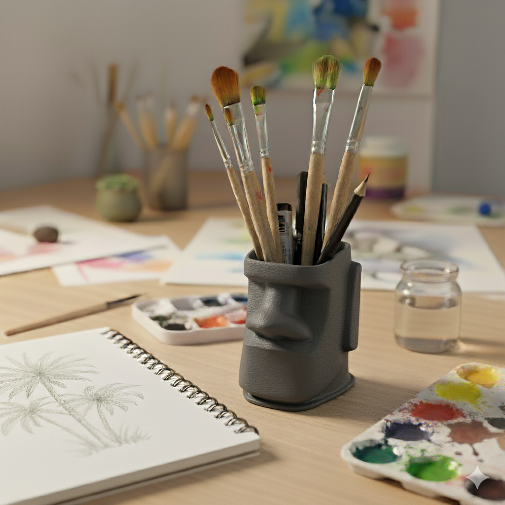 Moai Kafası Kalemlik – Masa Düzenleyici - Benzersiz Ofis Dekoru