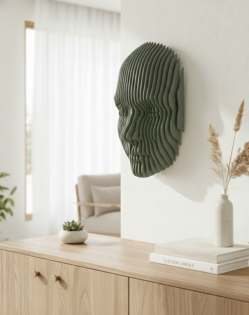 Parametrik Ahşap Yüz Duvar Dekoru – 3D Katmanlı Geometrik | Modern El Yapımı Duvar Sanatı