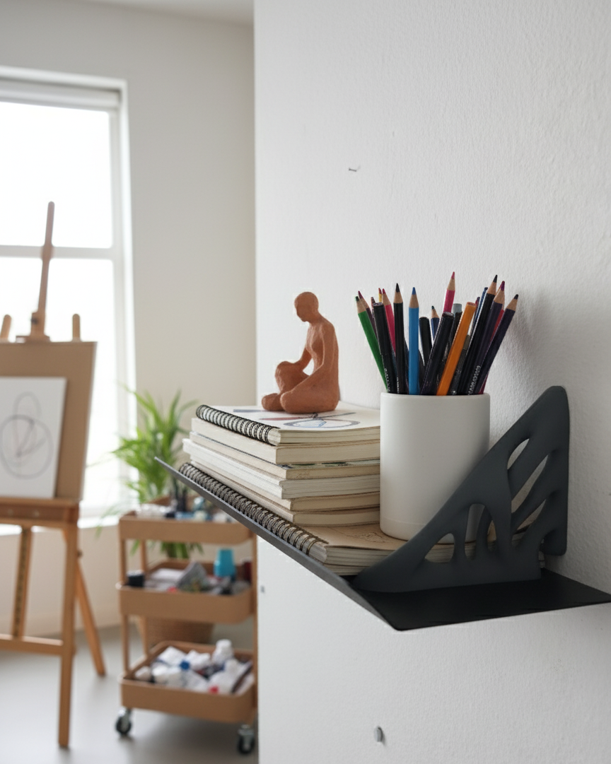 El Yapımı Modern Metal Duvar Rafı – 3D Baskılı Destekli Raf