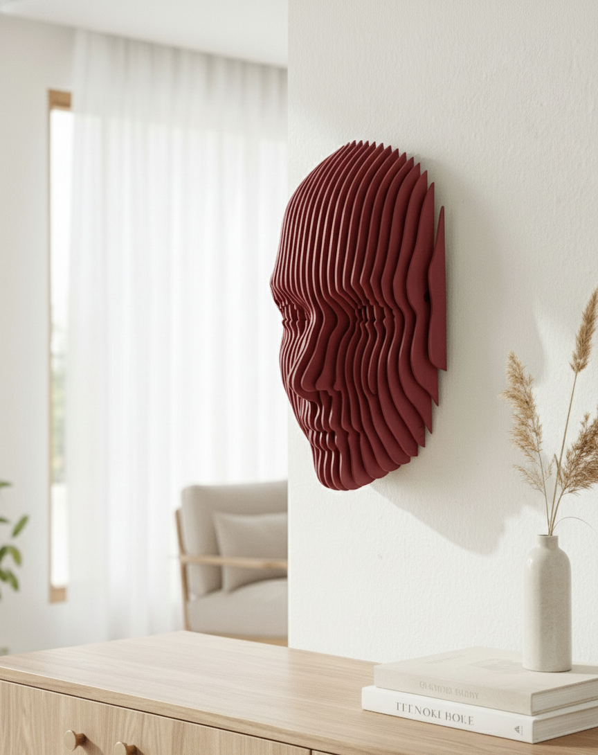 Parametrik Ahşap Yüz Duvar Dekoru – 3D Katmanlı Geometrik | Modern El Yapımı Duvar Sanatı