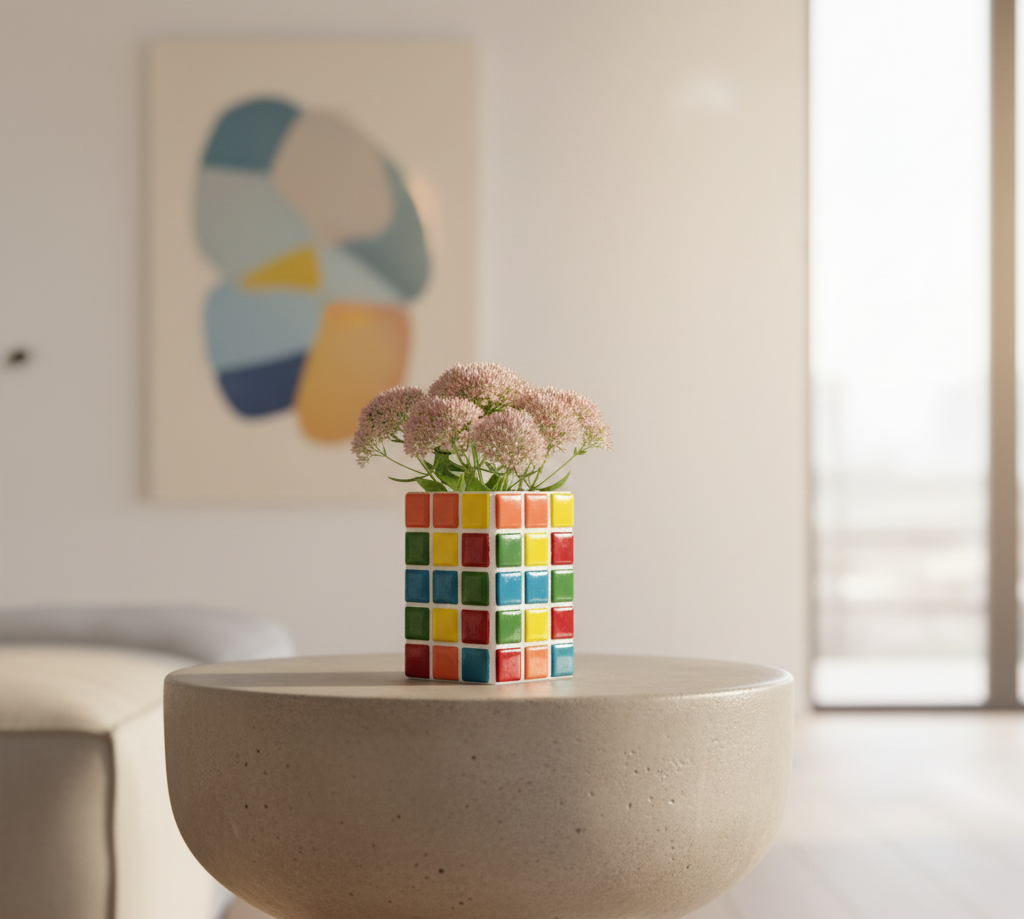 El Yapımı Mozaik Vazo – Renkli Geometrik Desenli Vazo