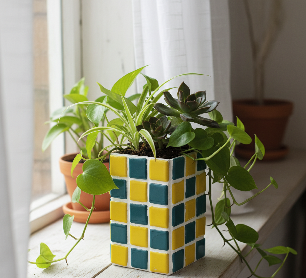 El Yapımı Mozaik Vazo – Renkli Geometrik Desenli Vazo