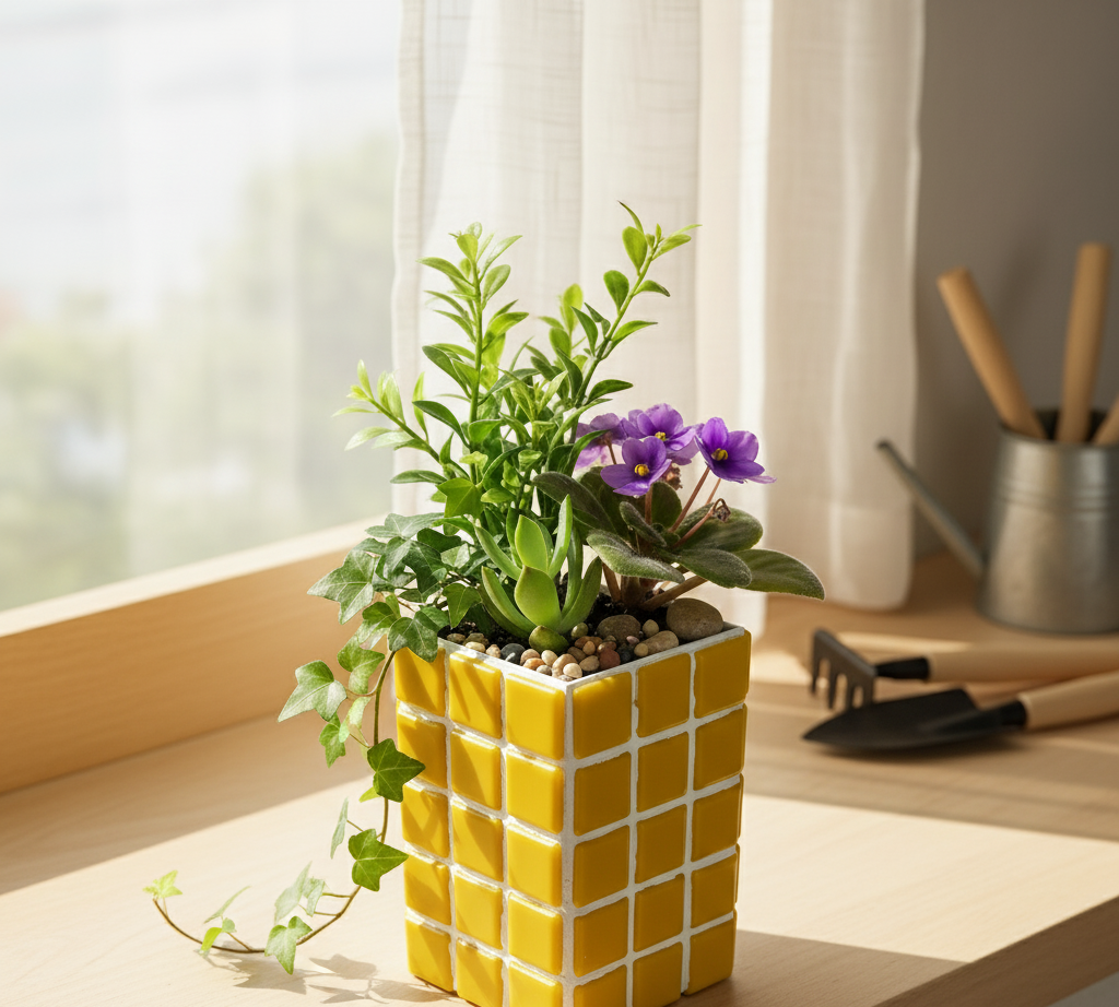 El Yapımı Mozaik Vazo – Renkli Geometrik Desenli Vazo