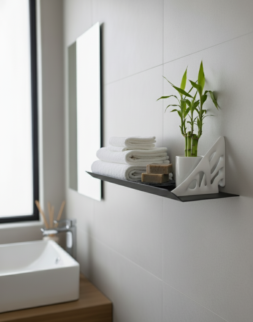 El Yapımı Modern Metal Duvar Rafı – 3D Baskılı Destekli Raf