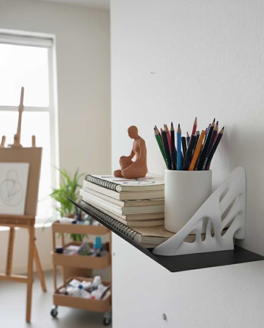 El Yapımı Modern Metal Duvar Rafı – 3D Baskılı Destekli Raf