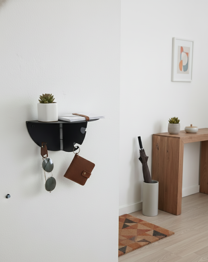 Modern Metal Duvar Rafı Askılıklı – Giriş Holü & Antre Düzenleyici - Anahtarlık