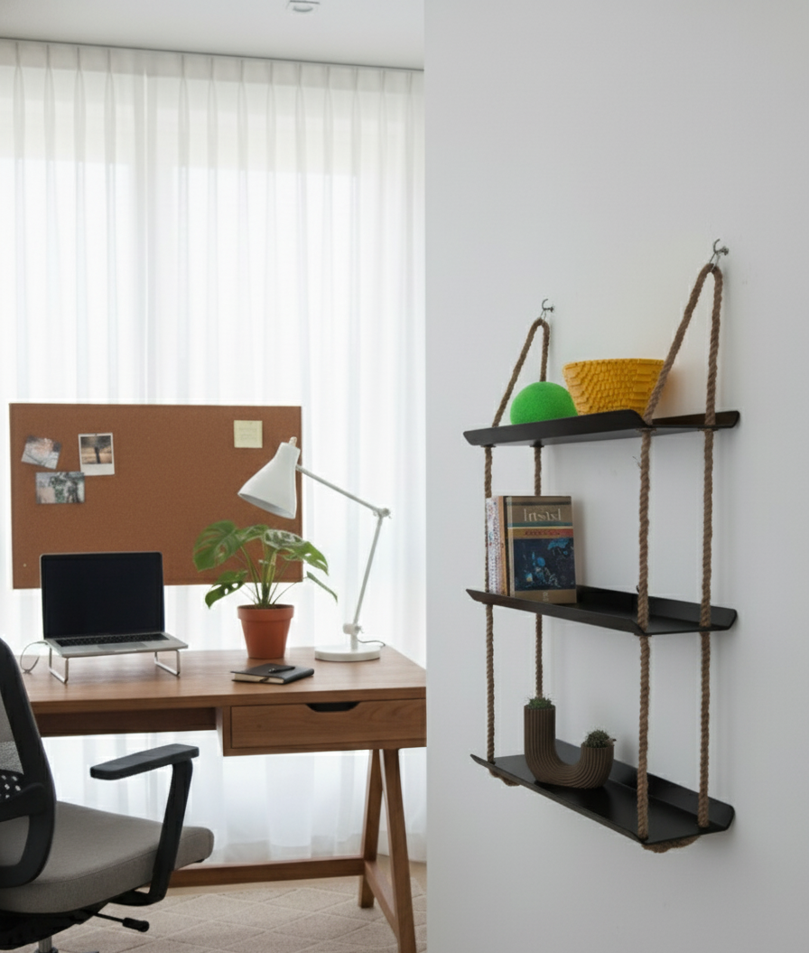 El Yapımı 3 Katlı Jüt Halatlı Asılı Metal Raf