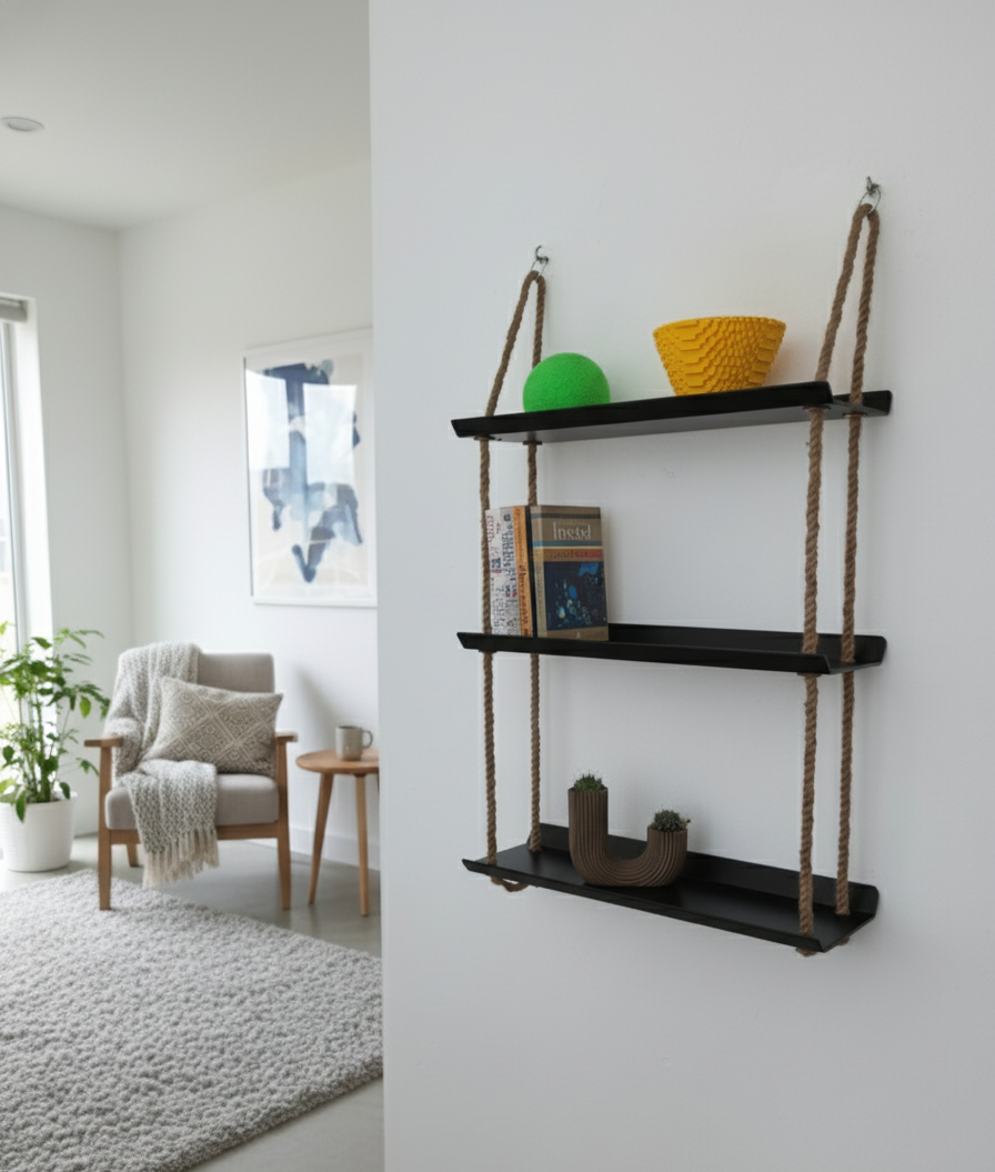 El Yapımı 3 Katlı Jüt Halatlı Asılı Metal Raf