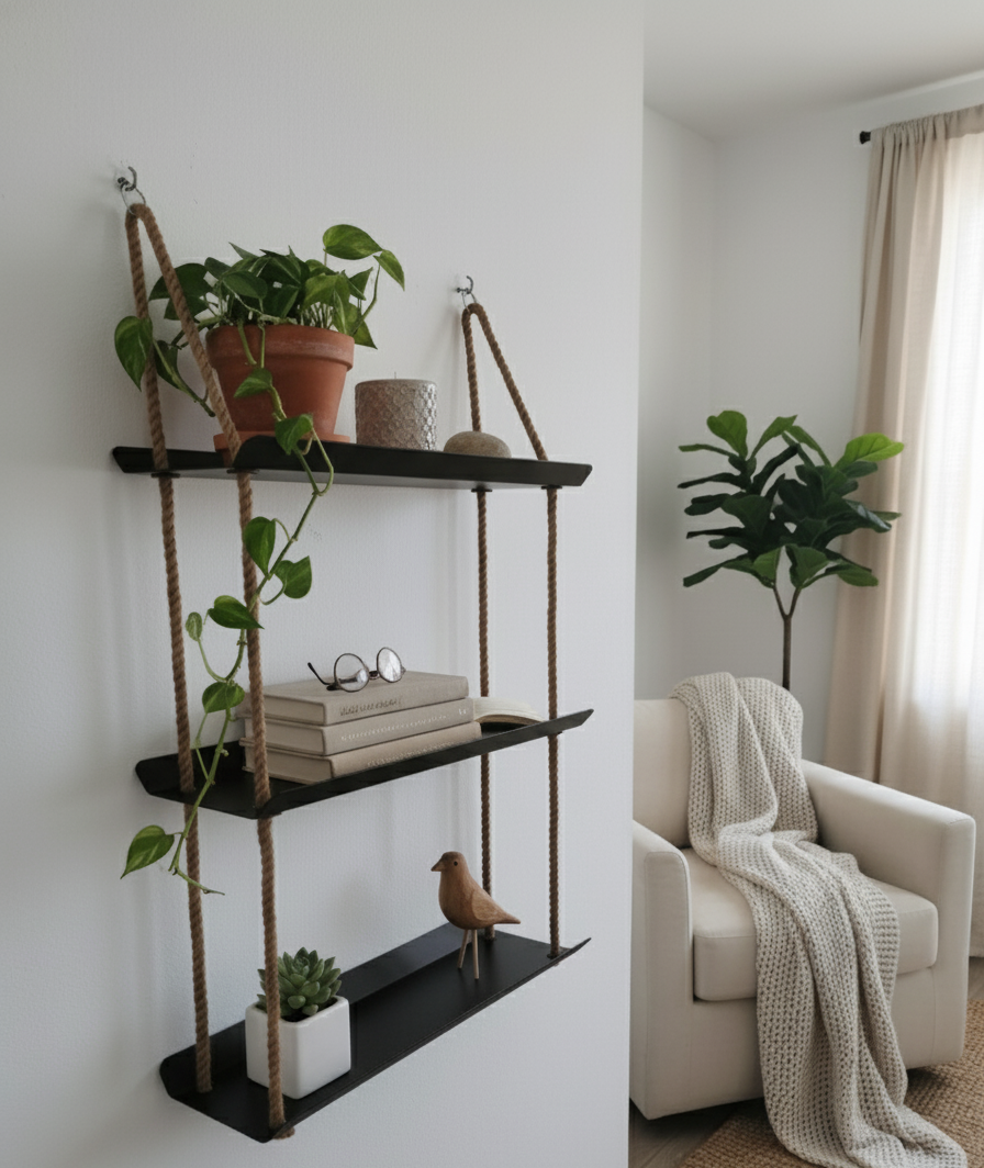 El Yapımı 3 Katlı Jüt Halatlı Asılı Metal Raf